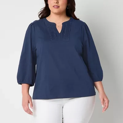 St. John's Bay Plus Womens Split Crew Neck 3/4 Sleeve Blouse