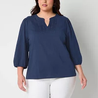 St. John's Bay Plus Womens Split Crew Neck 3/4 Sleeve Blouse