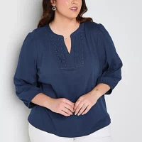 St. John's Bay Plus Womens Split Crew Neck 3/4 Sleeve Blouse