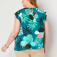 Liz Claiborne Plus Womens Crew Neck Sleeveless Satin Blouse