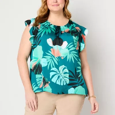 Liz Claiborne Plus Womens Crew Neck Sleeveless Satin Blouse