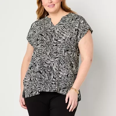 Liz Claiborne Plus Womens Split Crew Neck Short Sleeve Tunic Top