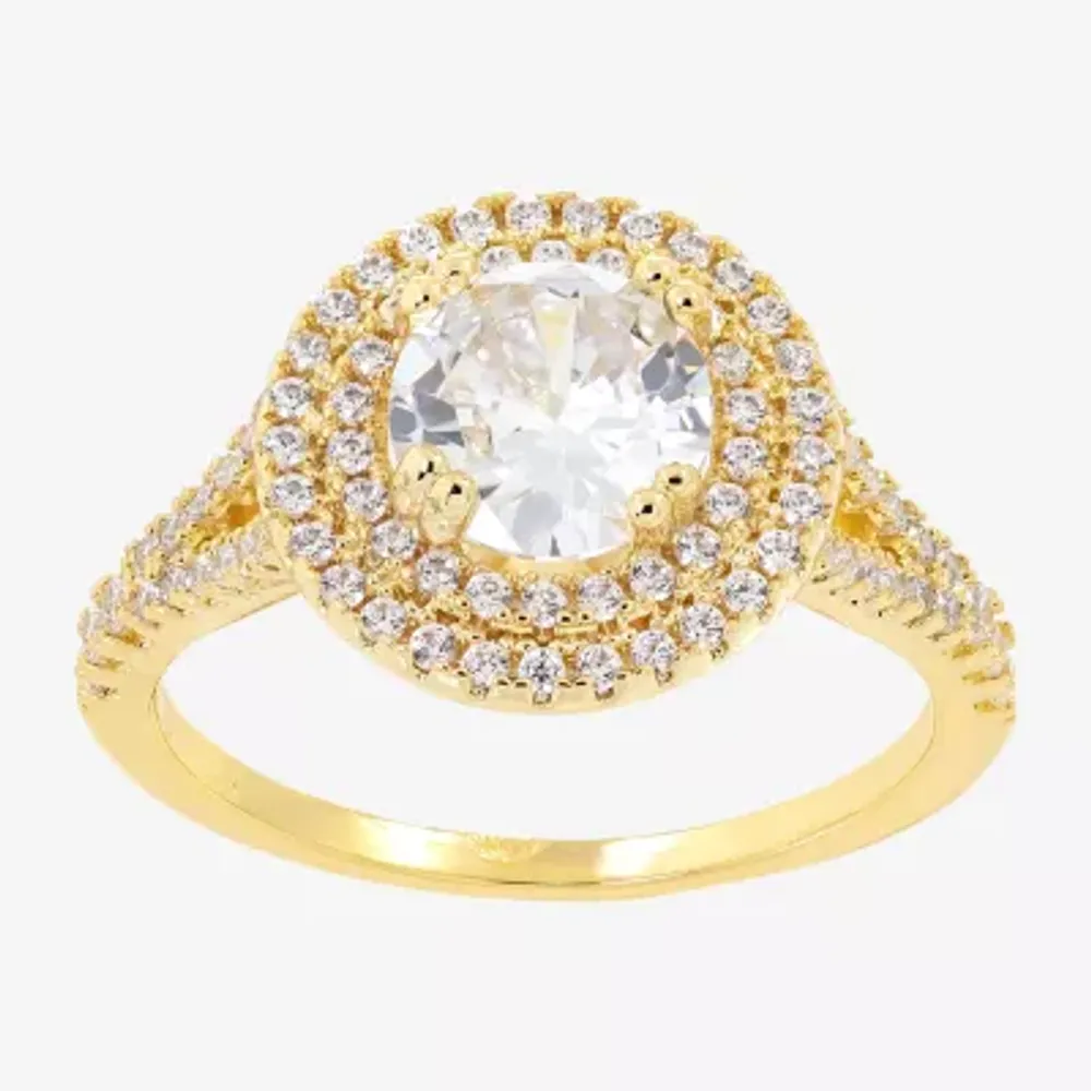 Sparkle Allure Cubic Zirconia 14K Gold Over Brass Round Halo Engagement Ring