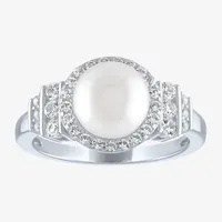 Womens 8MM White Cultured Freshwater Pearl Sterling Silver Halo Cocktail Ring