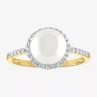 Womens 8MM White Cultured Freshwater Pearl 10K Gold Sterling Silver Halo Cocktail Ring