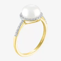 Womens 8MM White Cultured Freshwater Pearl 10K Gold Sterling Silver Halo Cocktail Ring