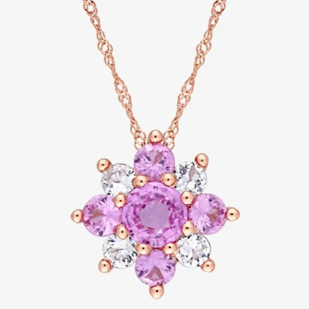 Womens Genuine Pink Sapphire 14K Rose Gold Flower Pendant Necklace