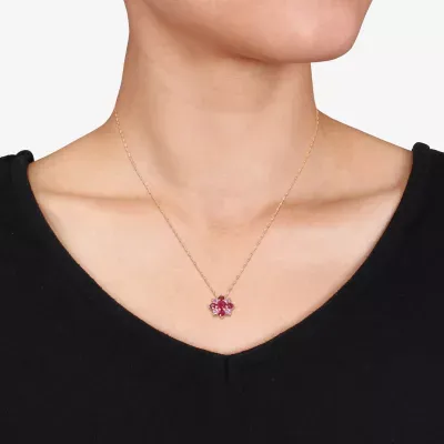 Womens Lead Glass-Filled Red Ruby 14K Rose Gold Flower Pendant Necklace