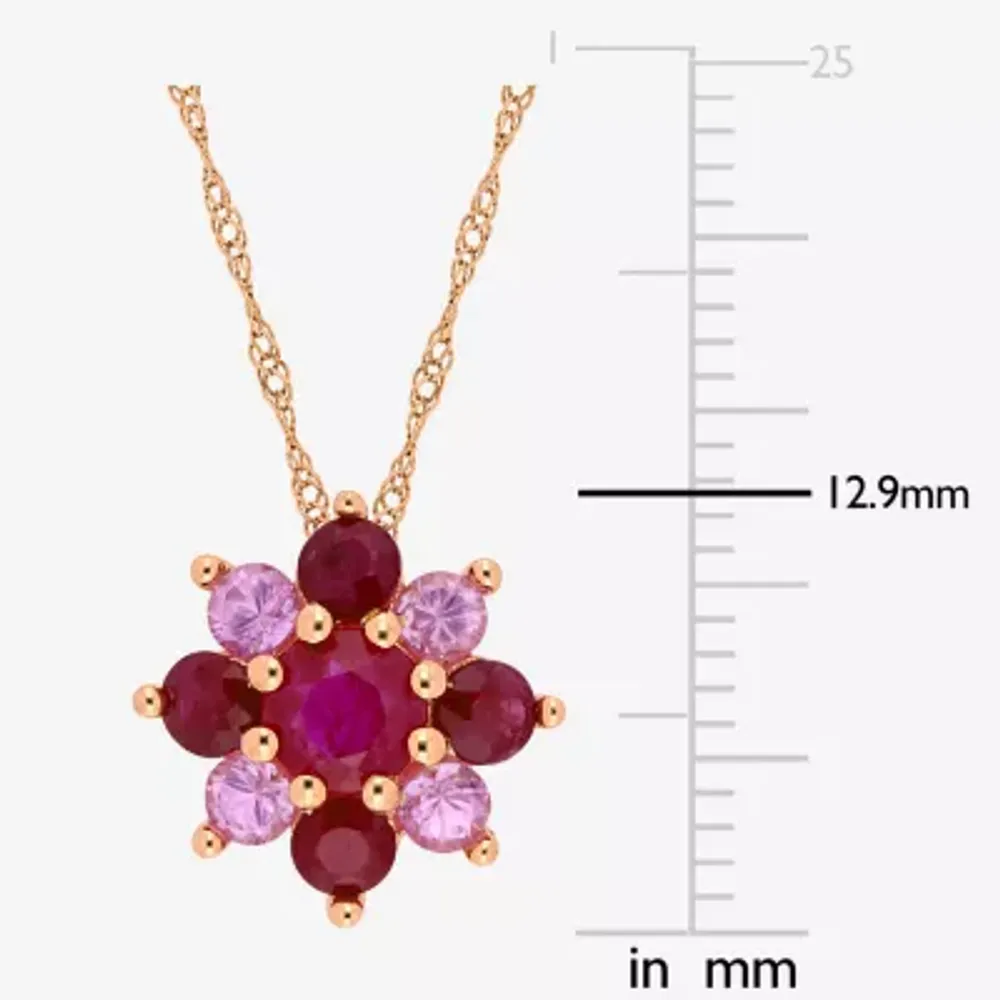 Womens Lead Glass-Filled Red Ruby 14K Rose Gold Flower Pendant Necklace