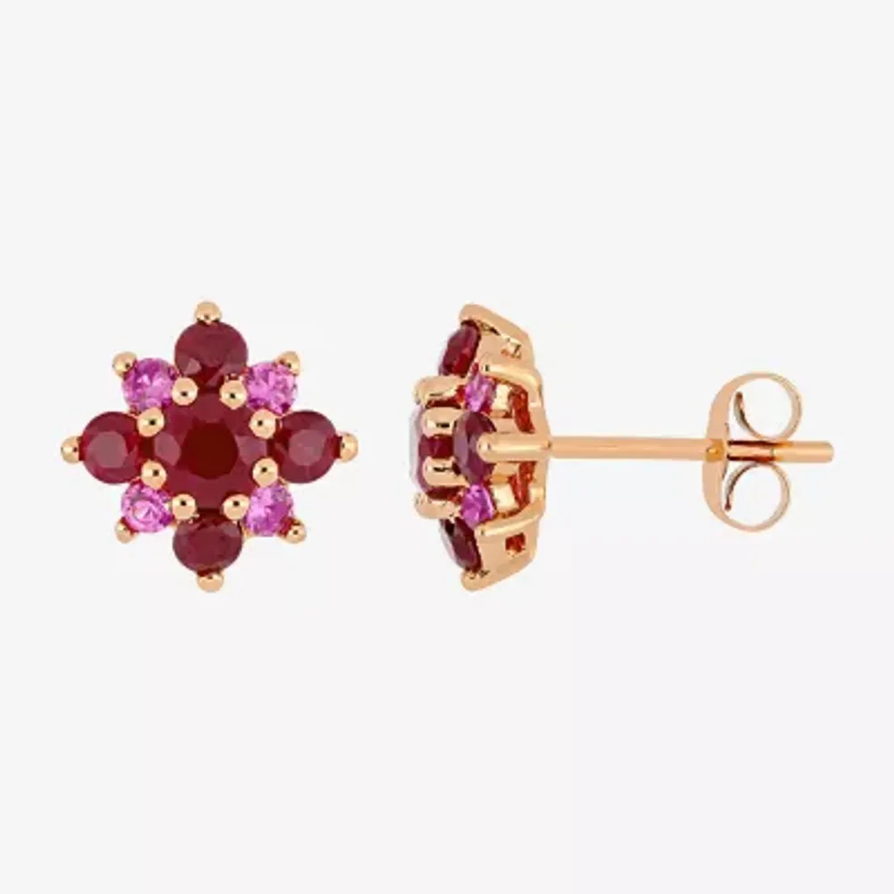 Lead Glass-Filled Red Ruby 14K Rose Gold 10.5mm Flower Stud Earrings
