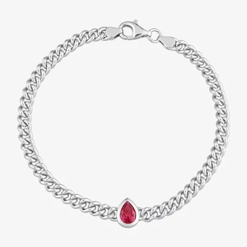 Womens Lab Created Red Ruby Sterling Silver 7.5 Inch Solid Curb Chain Bracelet