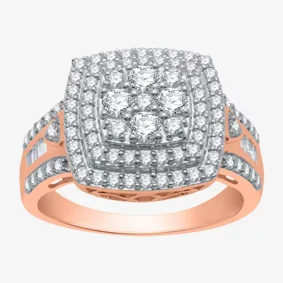 Womens 1 CT. T.W. Natural White Diamond 10K Rose Gold Over Silver Halo Cocktail Ring