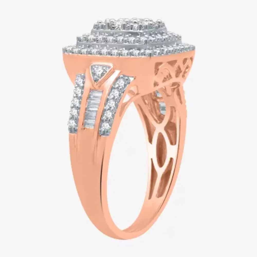 Womens 1 CT. T.W. Natural White Diamond 10K Rose Gold Over Silver Halo Cocktail Ring