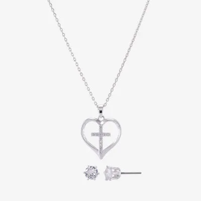 Sparkle Allure 2-pc. Cubic Zirconia Pure Silver Over Brass Cross Heart Jewelry Set