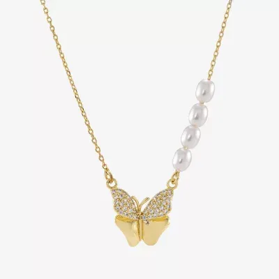 Sparkle Allure Simulated Pearl 14K Gold Over Brass 16 Inch Link Butterfly Pendant Necklace