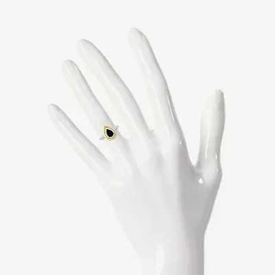 Womens Genuine Black Onyx 10K Gold Sterling Silver Pear Halo Cocktail Ring