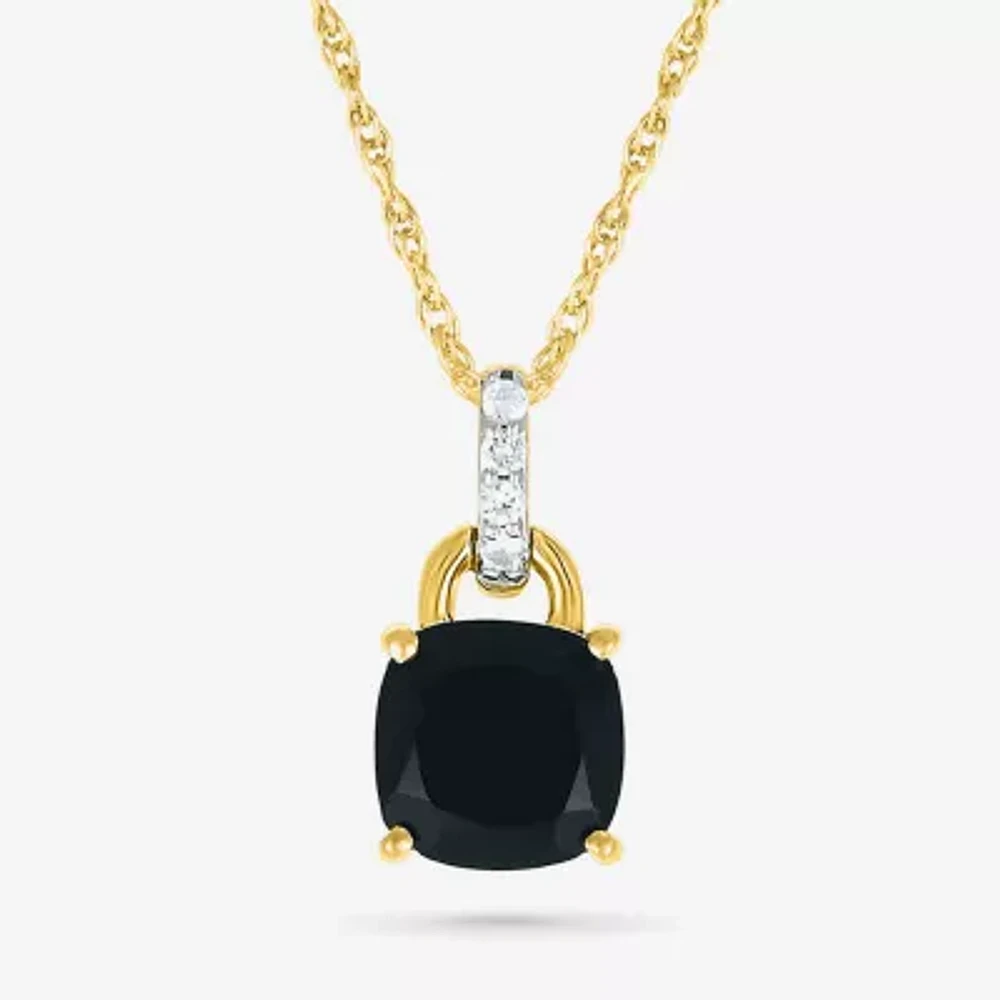 Womens Genuine Black Onyx 10K Gold Sterling Silver Cushion Pendant Necklace