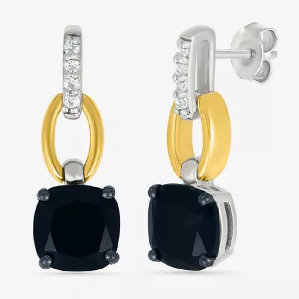 Genuine Black Onyx 10K Gold Sterling Silver Cushion Drop Earrings