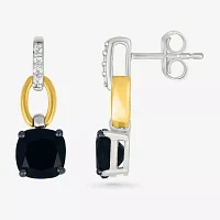 Genuine Black Onyx 10K Gold Sterling Silver Cushion Drop Earrings