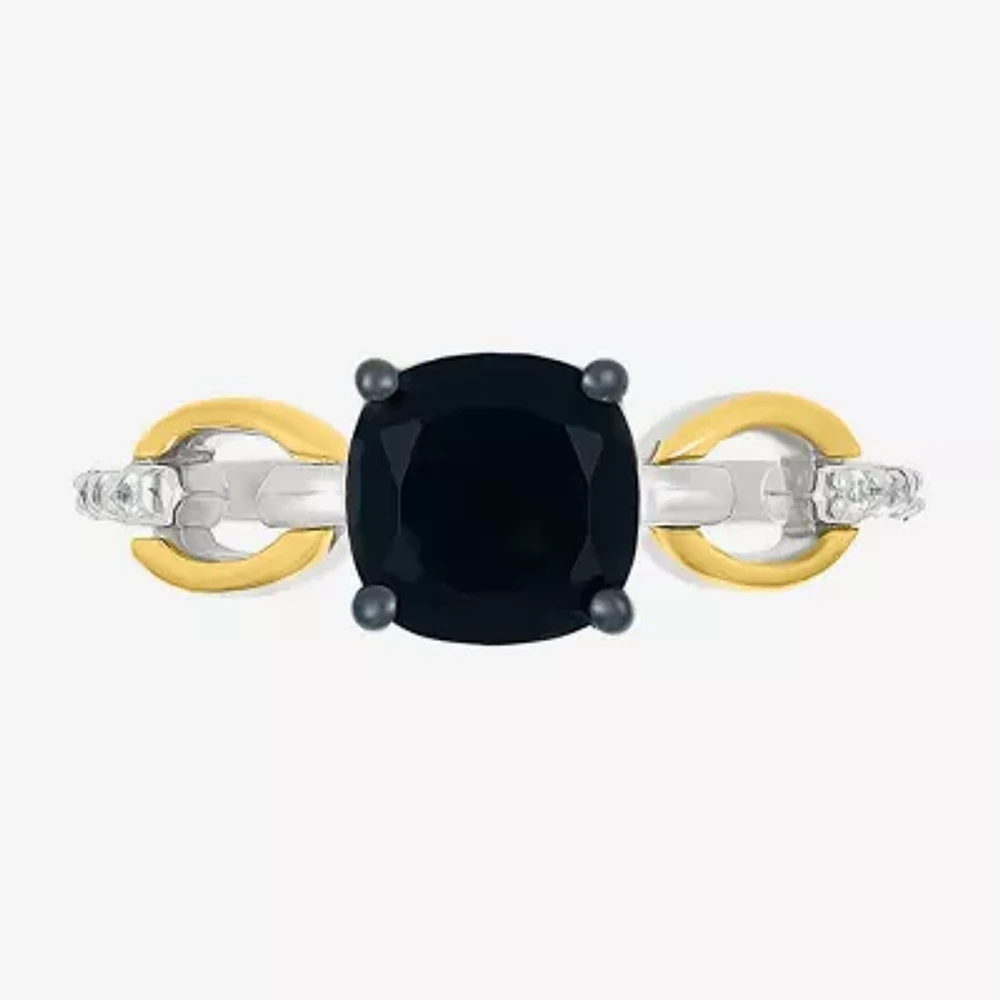 Womens Genuine Black Onyx 10K Gold Sterling Silver Cushion Cocktail Ring