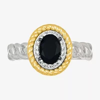 Womens Genuine Black Onyx 10K Gold Sterling Silver Oval Halo Cocktail Ring