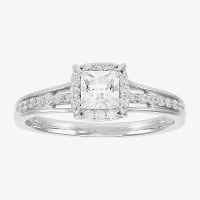 (H-I / Si1-Si2) Womens 3/4 CT. T.W. Lab Grown White Diamond 10K Gold Side Stone Halo Engagement Ring