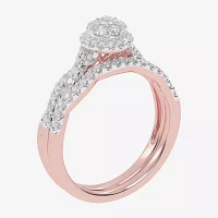 Womens 1/ CT. T.W. Natural White Diamond 10K Rose Gold Round Side Stone Halo Bridal Set