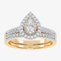 Womens CT. T.W. Natural White Diamond 10K Gold Pear Side Stone Halo Bridal Set