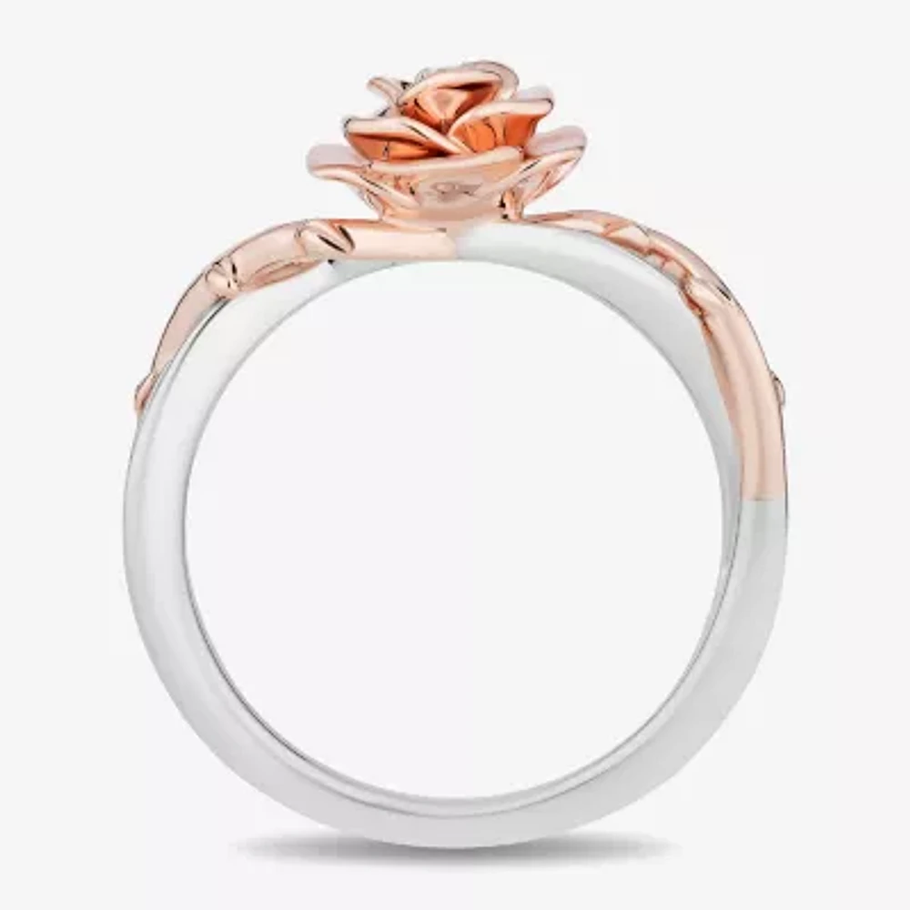 Enchanted Disney Fine Jewelry Womens 1/8 CT. T.W. Natural White Diamond 14K Rose Gold Over Silver Flower Beauty and the Beast Belle Cocktail Ring