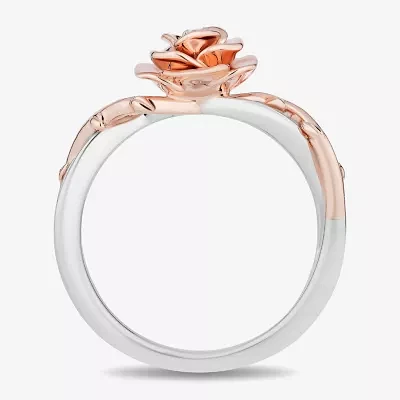 Enchanted Disney Fine Jewelry Womens 1/8 CT. T.W. Natural White Diamond 14K Rose Gold Over Silver Flower Beauty and the Beast Belle Cocktail Ring