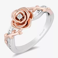 Enchanted Disney Fine Jewelry Womens 1/8 CT. T.W. Natural White Diamond 14K Rose Gold Over Silver Flower Beauty and the Beast Belle Cocktail Ring