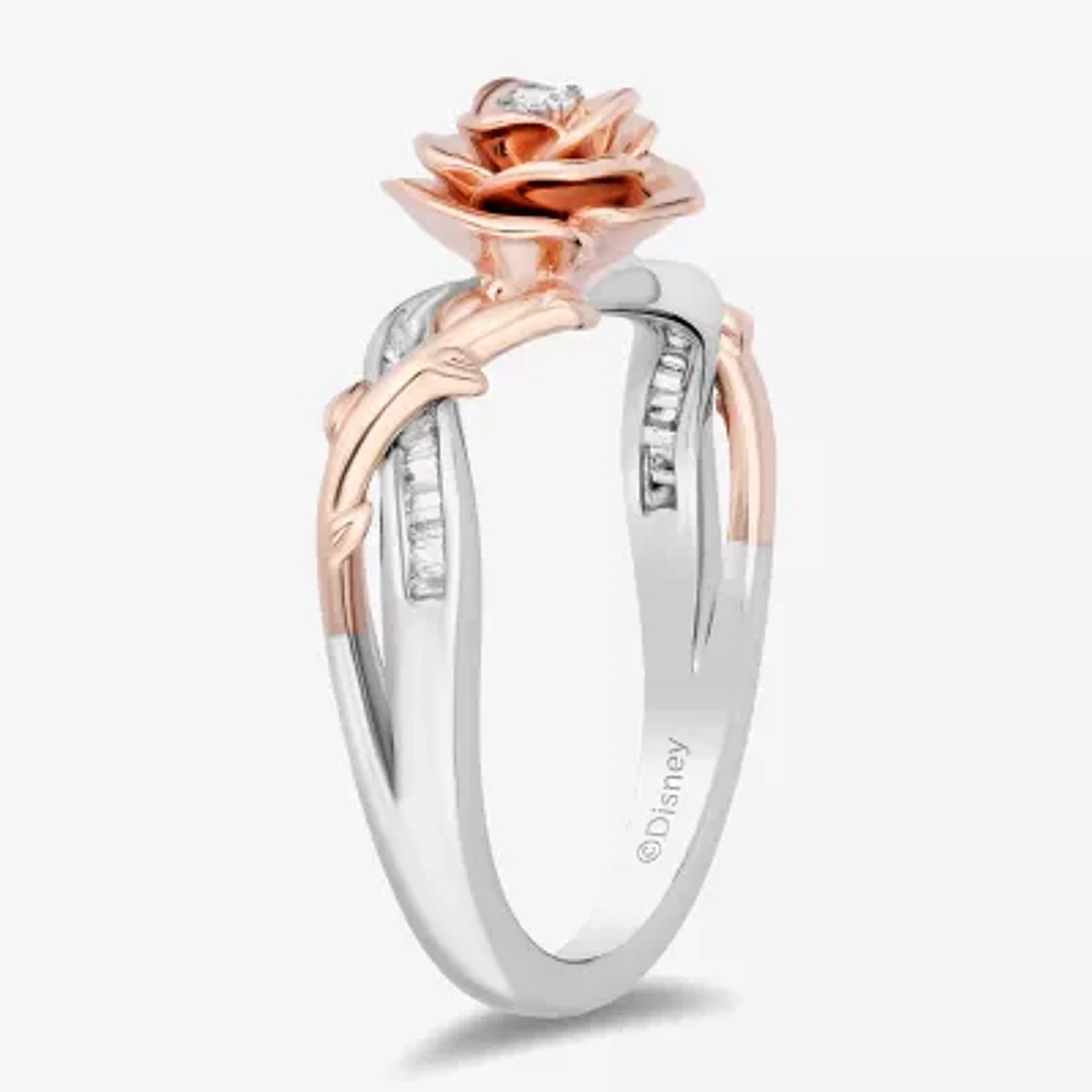 Enchanted Disney Fine Jewelry Womens 1/8 CT. T.W. Natural White Diamond 14K Rose Gold Over Silver Flower Beauty and the Beast Belle Cocktail Ring