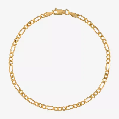 24K Gold Over Silver 9 Inch Solid Figaro Chain Bracelet