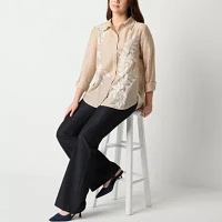 Worthington Womens Long Sleeve Embroidered Regular Fit Button-Down Shirt