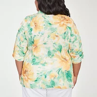 Alfred Dunner Plus Rise And Shine Womens 3/4 Sleeve Button-Down Shirt