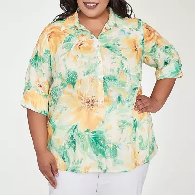 Alfred Dunner Plus Rise And Shine Womens 3/4 Sleeve Button-Down Shirt