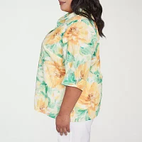 Alfred Dunner Plus Rise And Shine Womens 3/4 Sleeve Button-Down Shirt