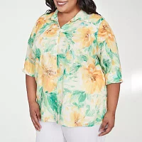 Alfred Dunner Plus Rise And Shine Womens 3/4 Sleeve Button-Down Shirt