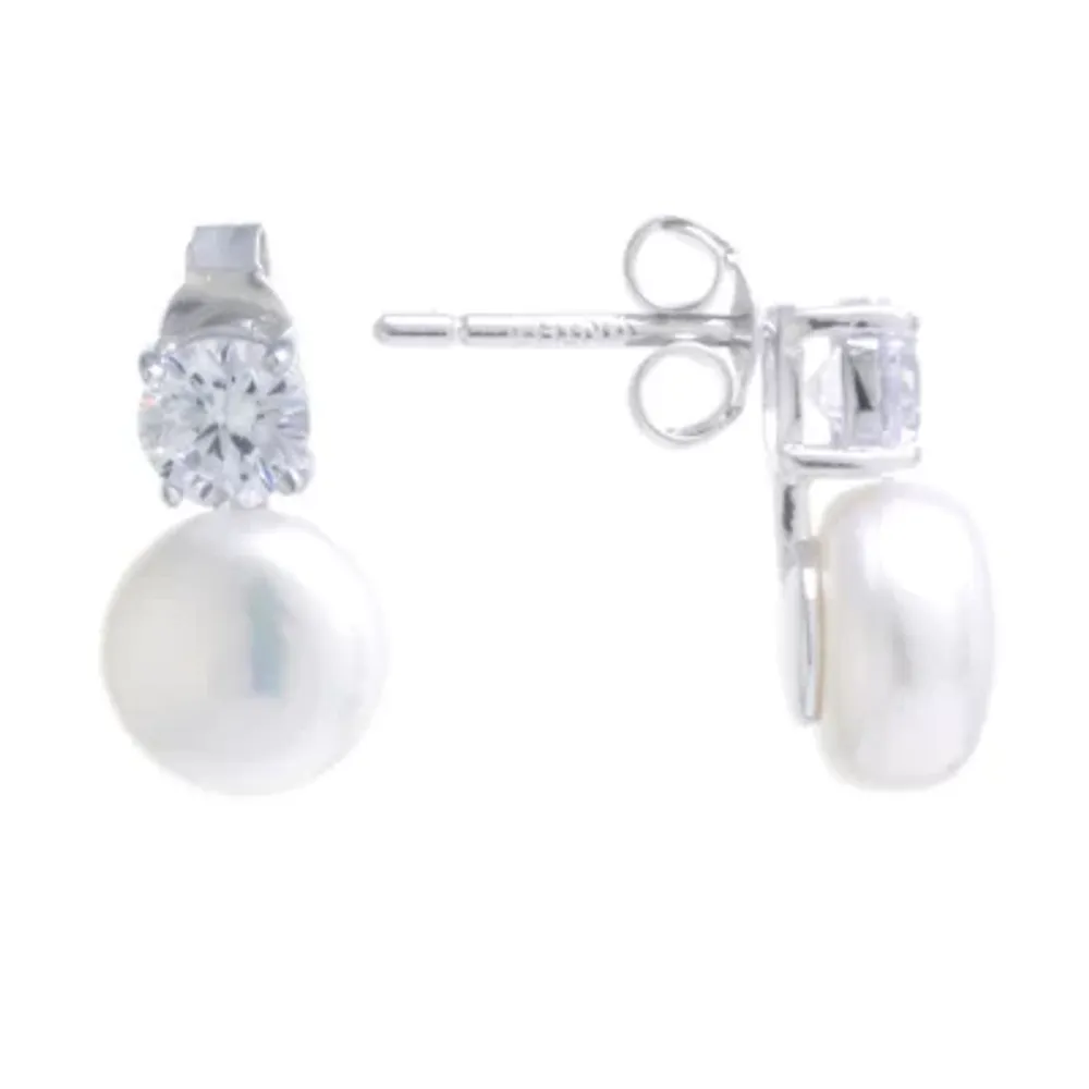 Silver Treasures Cubic Zirconia Cultured Freshwater Pearl Sterling Silver 13mm Stud Earrings