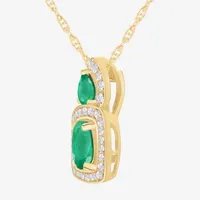 Womens Diamond Accent Genuine Green Emerald 10K Gold Cushion Pendant Necklace