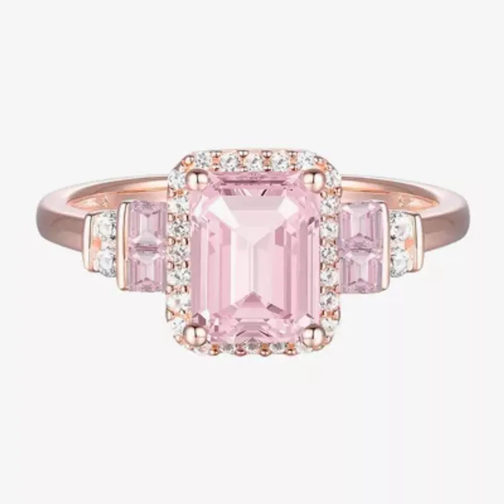 Womens Lab Created Pink Sapphire 14K Rose Gold Over Silver Halo Cocktail Ring