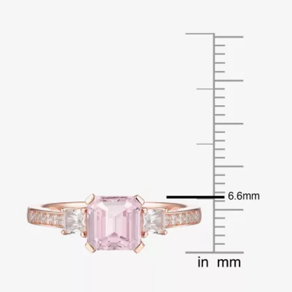 Womens Lab Created Pink Sapphire 14K Rose Gold Over Silver Square 3-Stone Side Stone Cocktail Ring