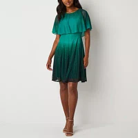 Danny & Nicole Womens Short Sleeve Ombre Cape Fit + Flare Dress