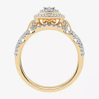 Womens 1/2 CT. T.W. Natural White Diamond 10K Gold Marquise Side Stone Halo Bridal Set