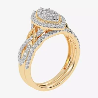 Womens 1/2 CT. T.W. Natural White Diamond 10K Gold Marquise Side Stone Halo Bridal Set