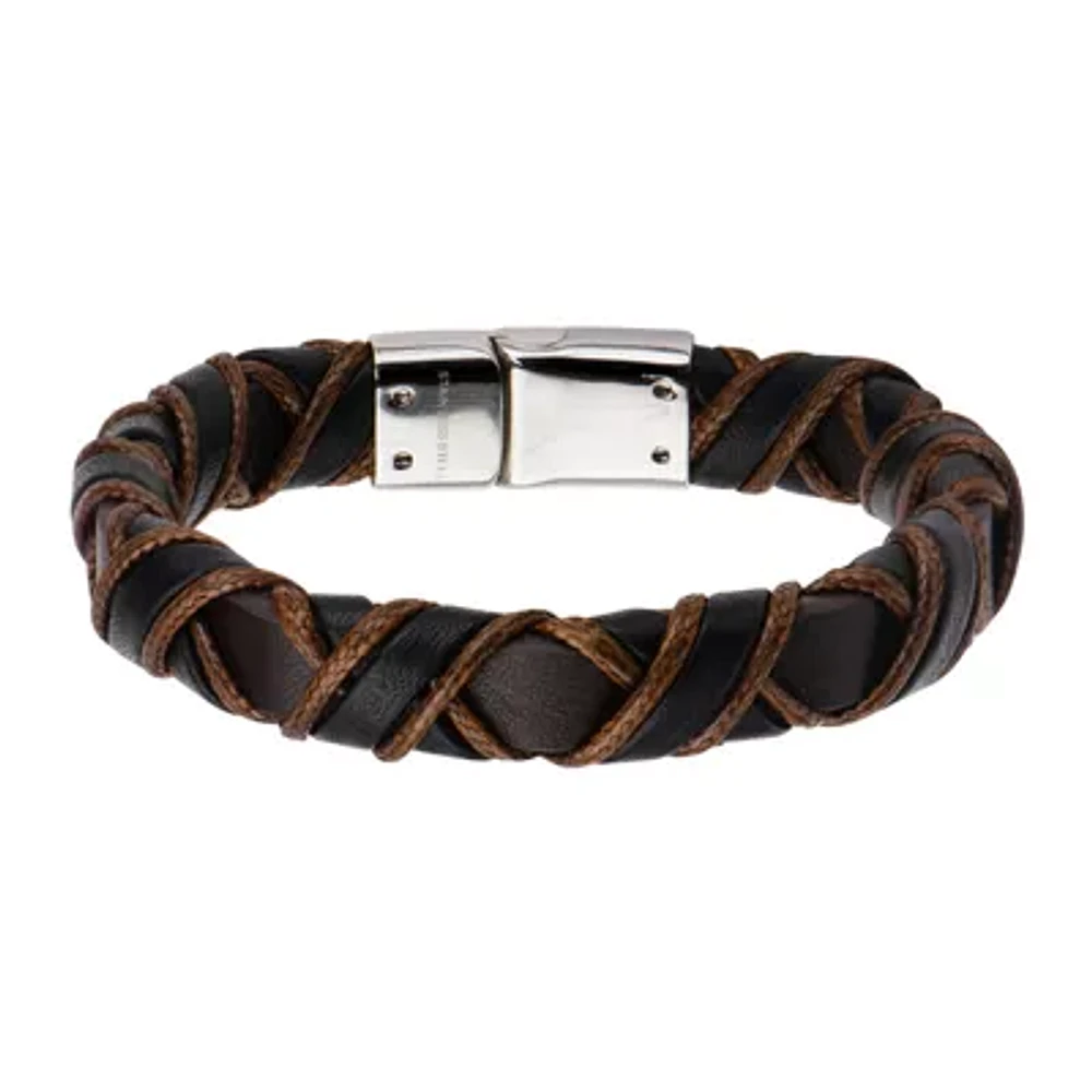 Inox® Jewelry Mens Stainless Steel Black & Brown Woven Leather Bracelet