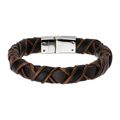 Inox® Jewelry Mens Stainless Steel Black & Brown Woven Leather Bracelet