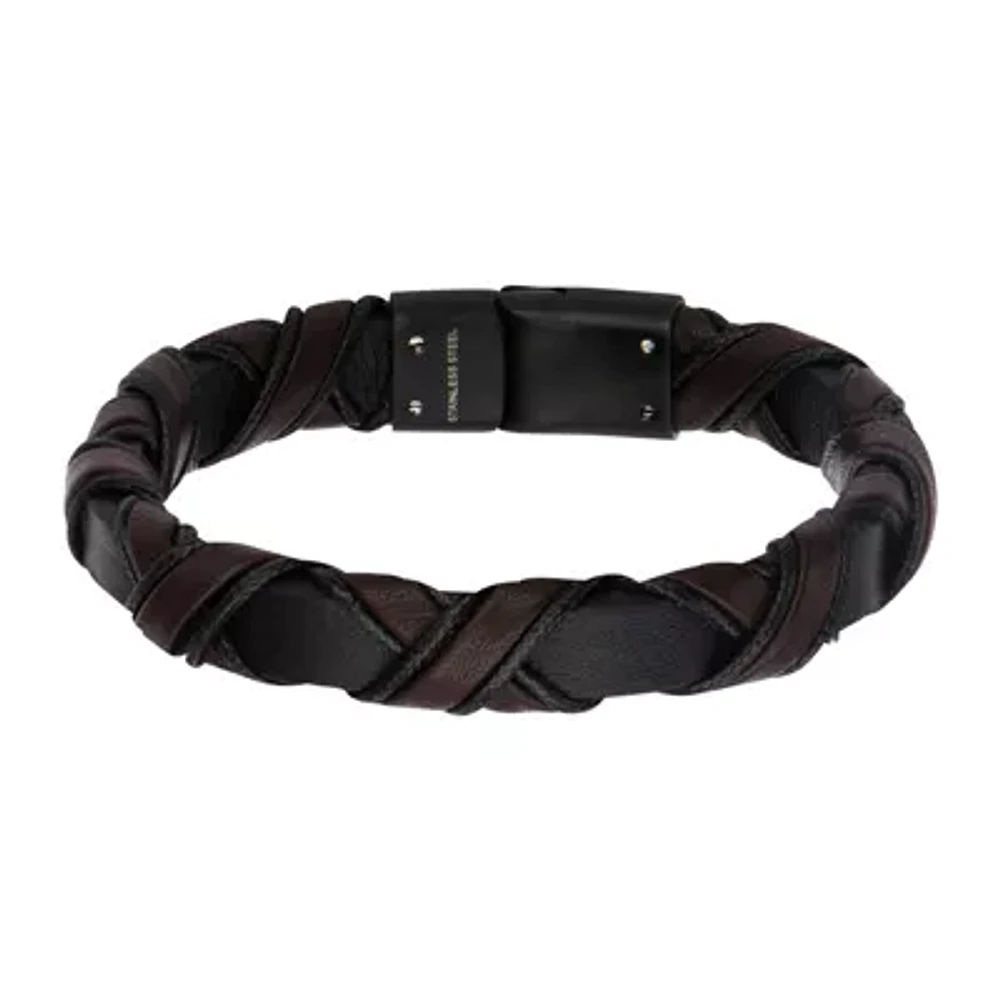 Inox® Jewelry Mens Black IP Stainless Steel & Brown Leather Bracelet