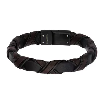 Inox® Jewelry Mens Black IP Stainless Steel & Brown Leather Bracelet