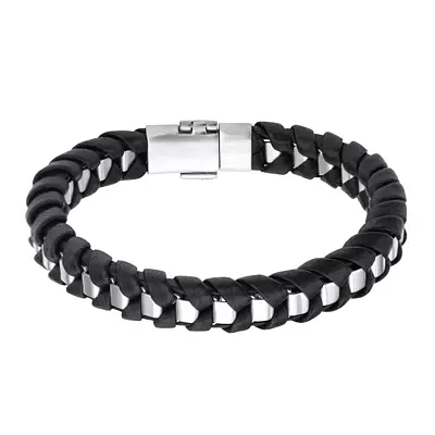 Inox® Jewelry Mens Stainless Steel & Black Leather Chain Bracelet